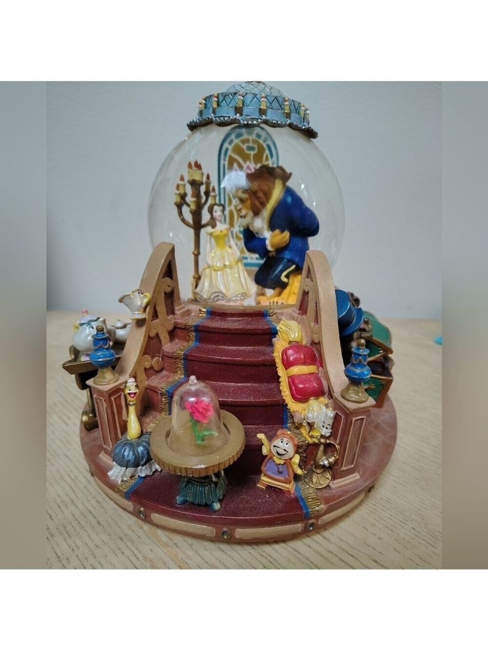 Vintage 1991 Disney Beauty The Beast Musical Snow Globe Enchanted Love Fireplace